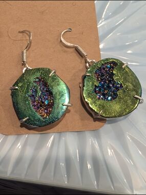 Green Iridescent Druzy Drop Earrings with Multicolor Glitter
